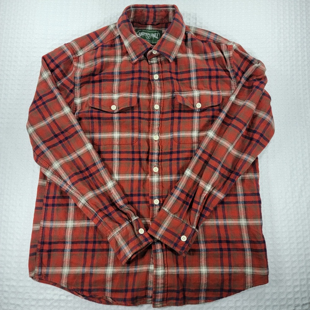 American Eagle Mens Red Plaid Flannel Button Down Shirt Size M Long Sleeve - Picture 2 of 6